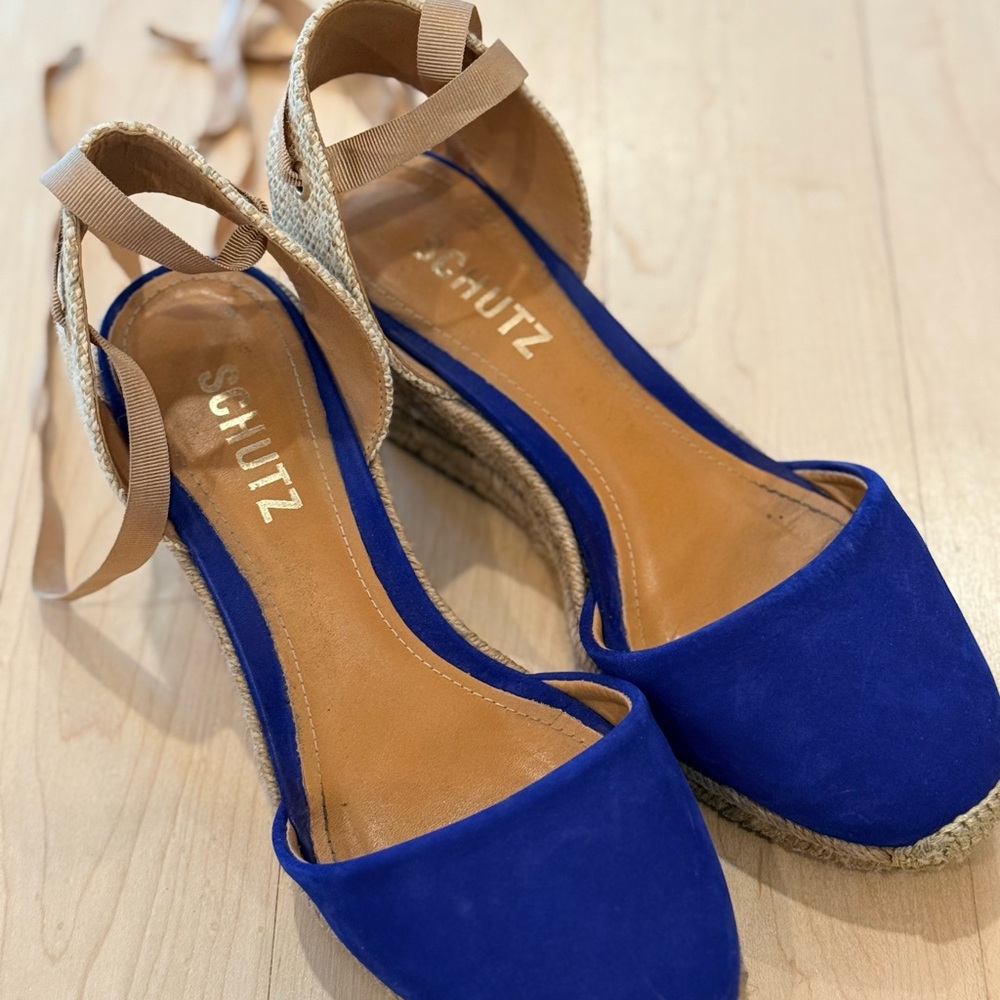SCHUTZ Royal Blue and Tan Espadrille Wedge Sandals